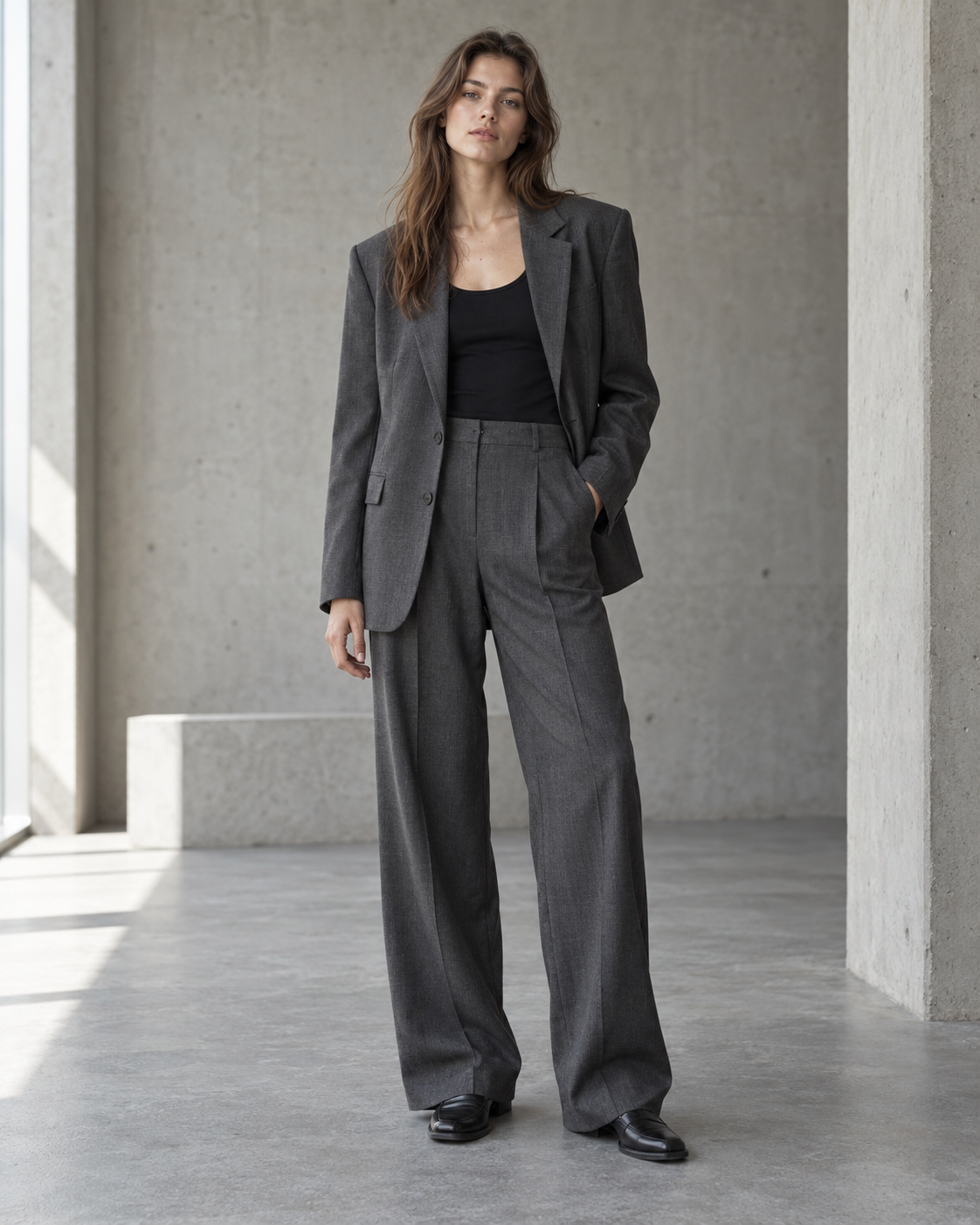 Model wearing a charcoal blazer, black top and grey wide-leg trousers
